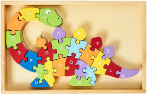 Wooden Dinosaur Alphabet Puzzle-Multicolor, Educational Puzzle No. 26, Wooden Box Packaging-The perfect product for school, home, office learning-Fun learning activities for young students