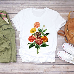 Women Flower Lady Fashion Short Sleeve Aesthetic Clothes