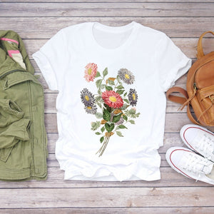 Women Flower Lady Fashion Short Sleeve Aesthetic Clothes