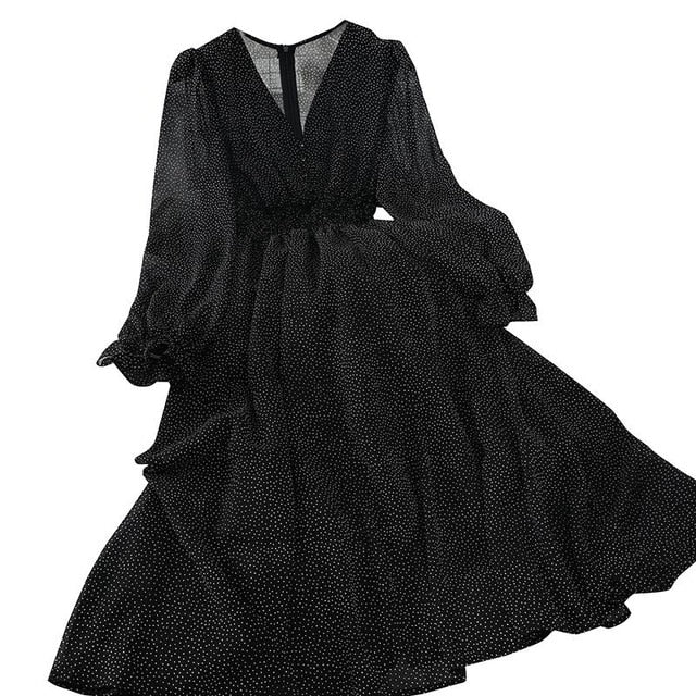 New Autumn V Neck Polka Dot Slim Chiffon Dress