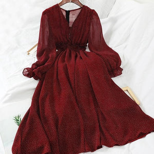 New Autumn V Neck Polka Dot Slim Chiffon Dress
