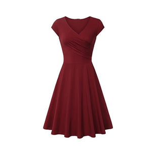Short-Sleeved Plain Slim-Fit Expandable Dress