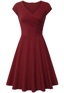 Short-Sleeved Plain Slim-Fit Expandable Dress