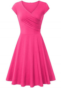 Short-Sleeved Plain Slim-Fit Expandable Dress